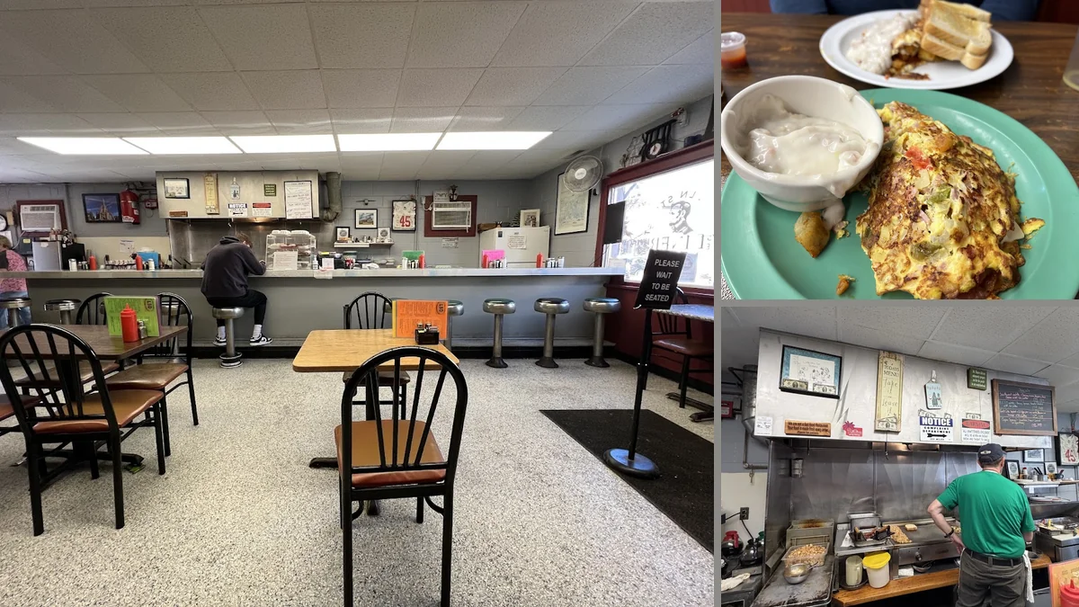 Cozy diner booths with simple tabletop settings.