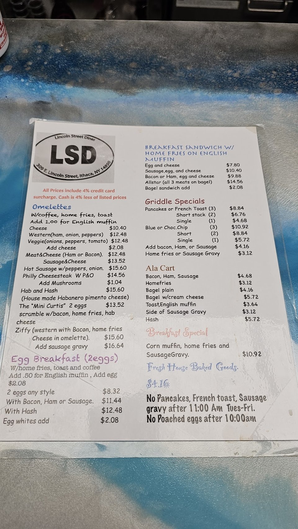 Breakfast menu board with omelettes and griddle specials.