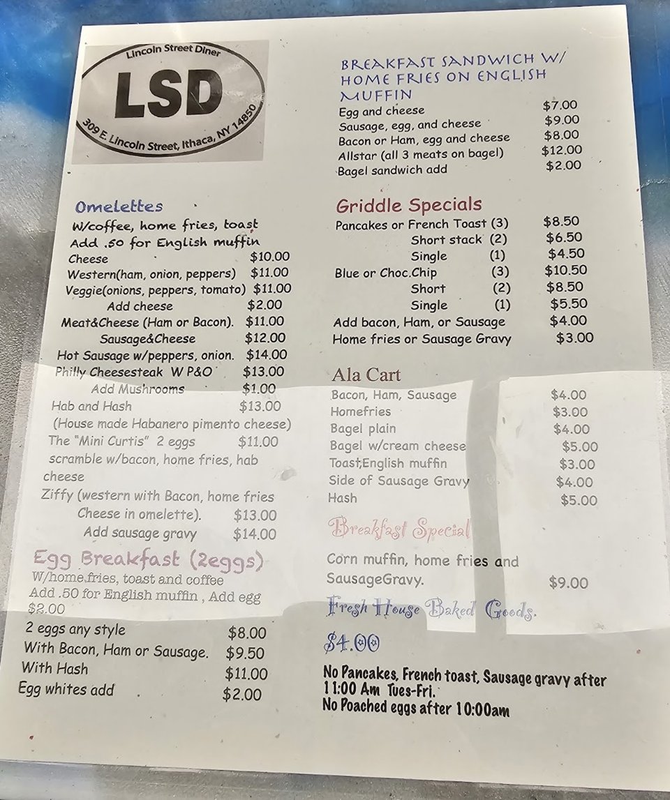 Printed menu showing sandwiches, sides, and breakfast plates.